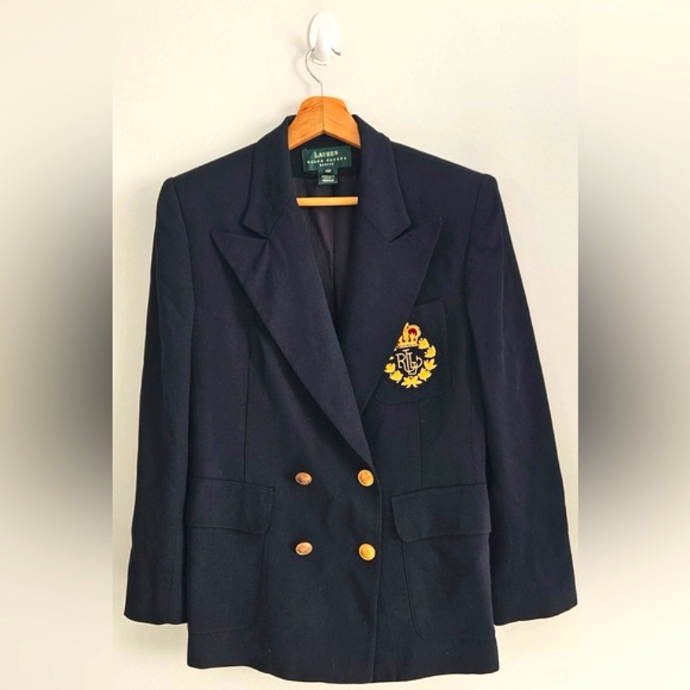 Ralph Lauren | Vintage Navy Blue Blazer Double Breasted Wool Emblem Size 10P